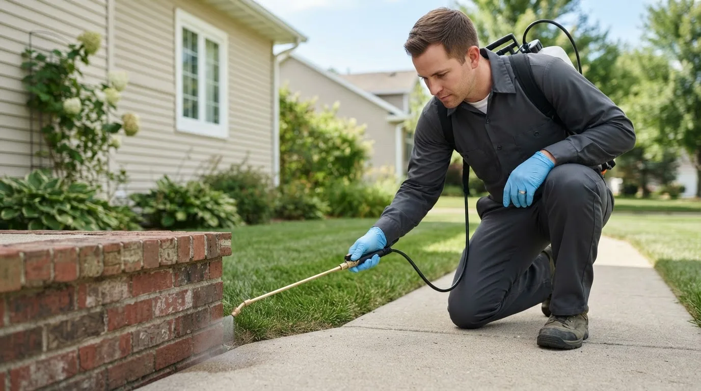 Pest control technician treating a home near Holcomb, MS